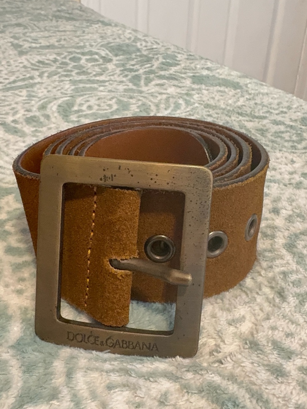 Dolce & Gabbana Men’s Tan Suede Belt with Distressed Metal Buckle
